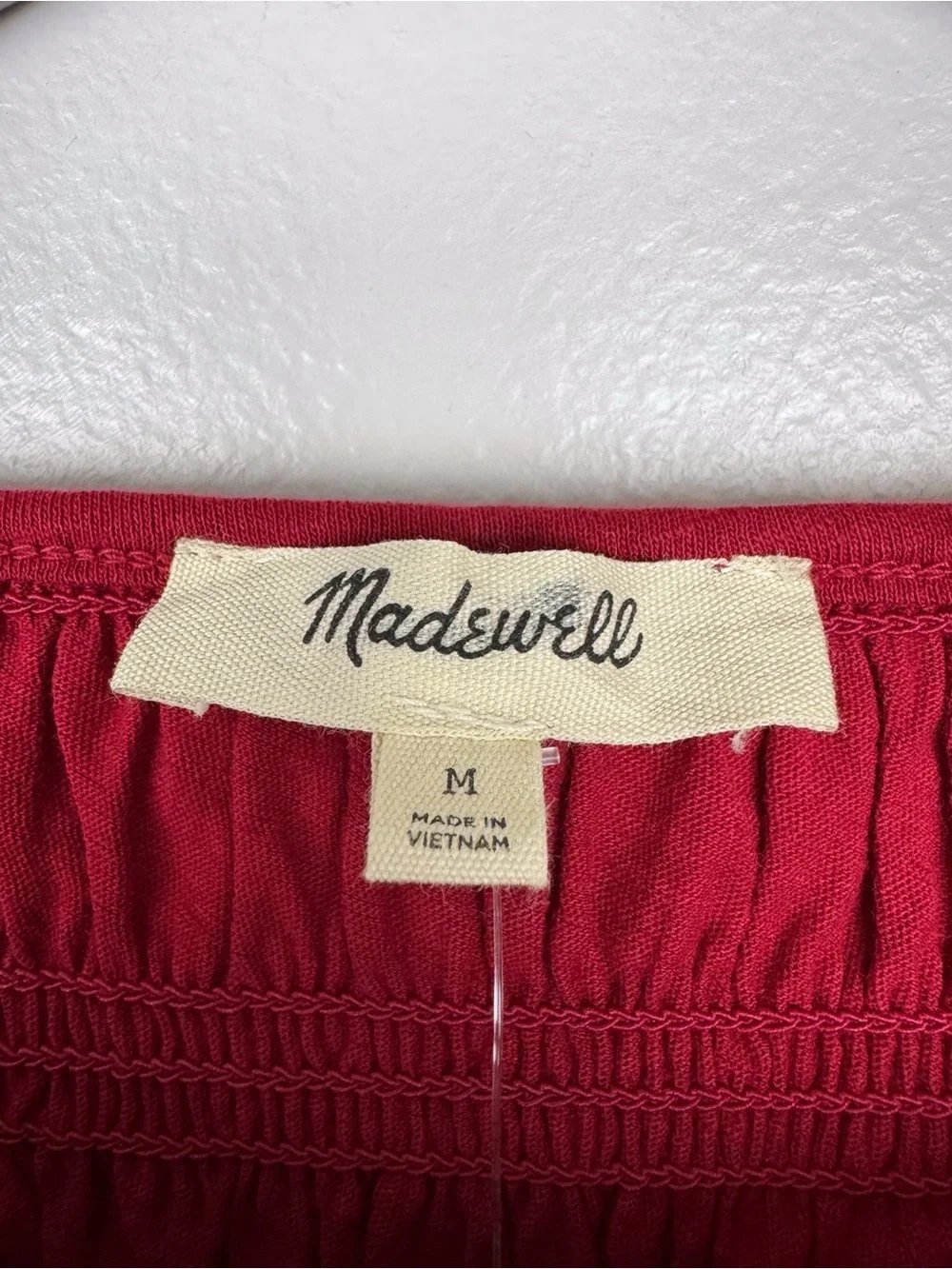 Madewell Smocked Cotton Boatneck Puff Sleeves Slim Fit Top Red Size M NWT